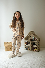 Kız Bej Kurdele Desenli  Kız Çocuk Pijama Takımı