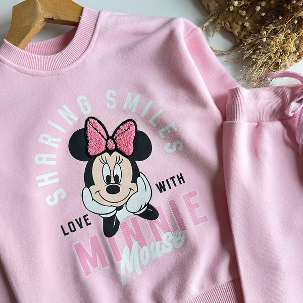 Kız Çocuk Pembe Minnie Mouse Baskılı Üç İplik Eşofman Takımı 2-3 Yaş