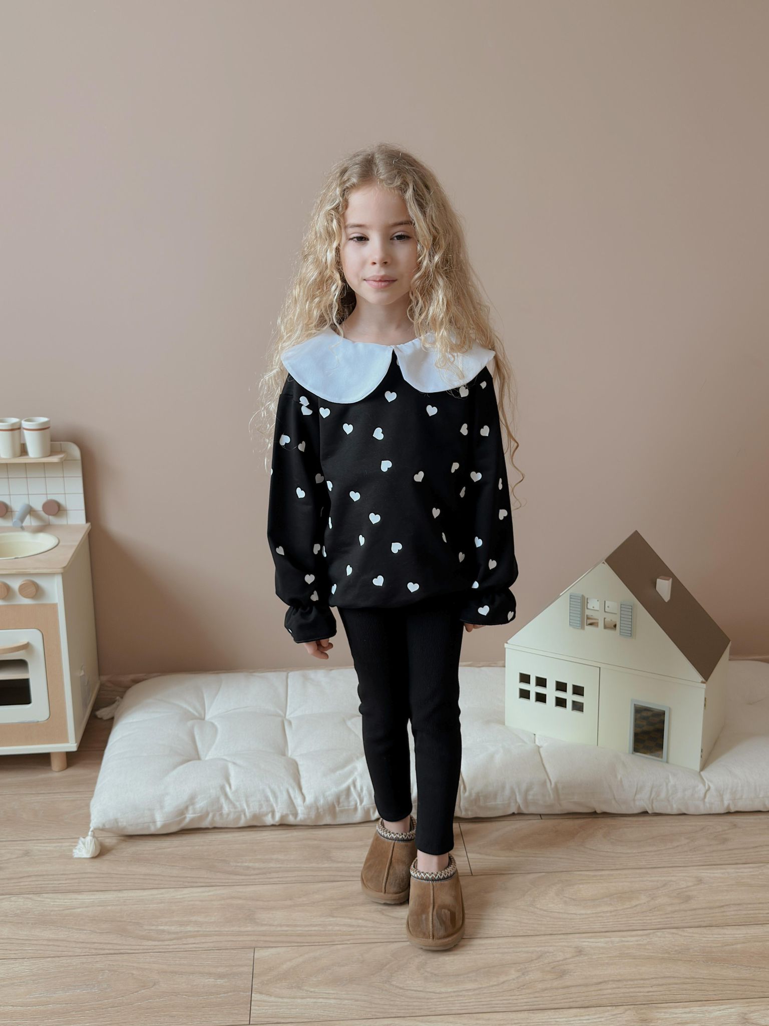 Yakalı Kalp Desenli Kız Çocuk Sweatshirt Takım