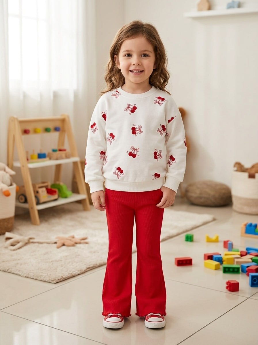 Kız Çocuk Kiraz Desenli Üç İplik Sweatshirt ve Fitilli İspanyol Paça Takımı