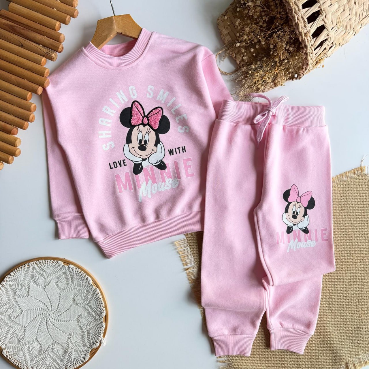Kız Çocuk Pembe Minnie Mouse Baskılı Üç İplik Eşofman Takımı