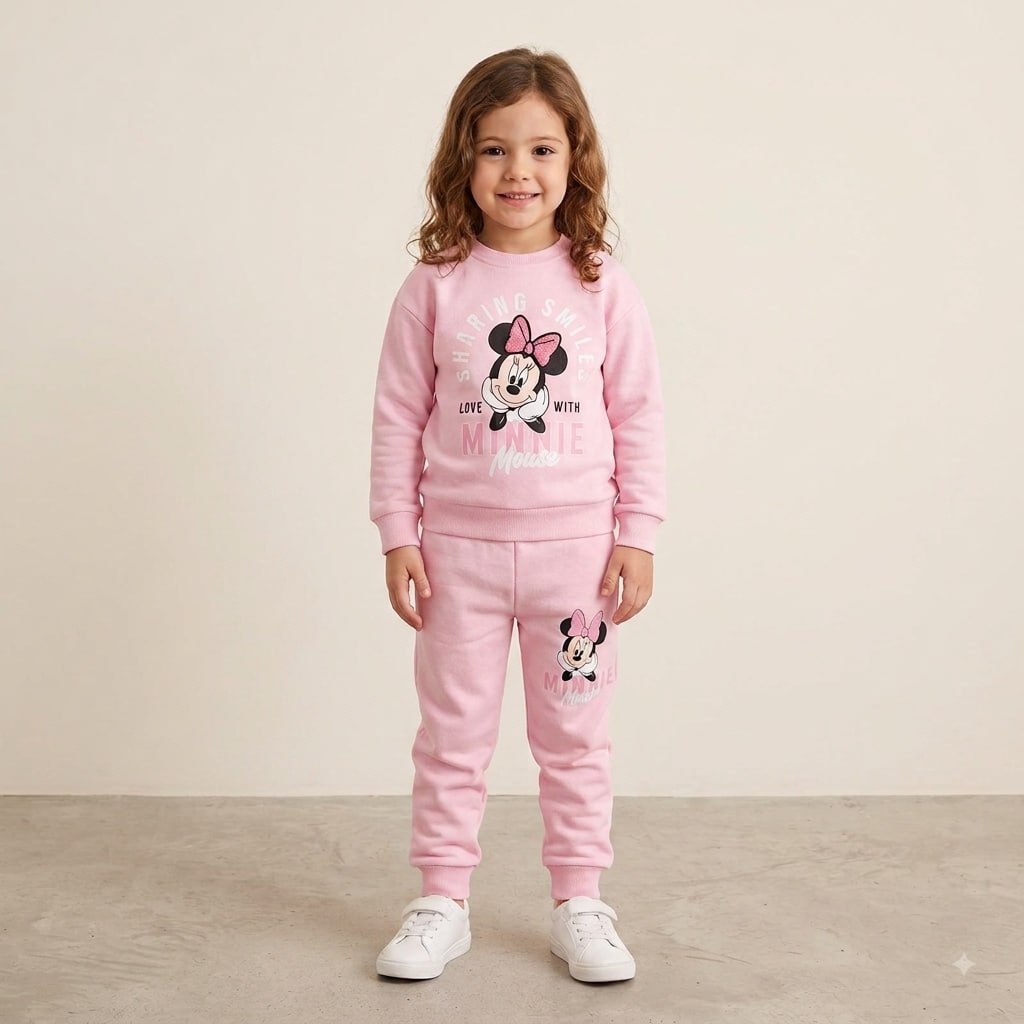 Kız Çocuk Pembe Minnie Mouse Baskılı Üç İplik Eşofman Takımı